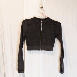 Black LS Ribbed Cropped Zip-Up Cardigan New Mix Classic Sz Small Thumb Holes